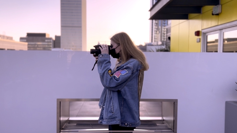 student filming in LA